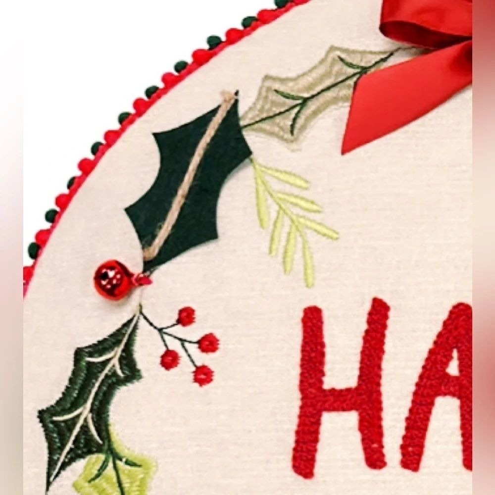 Round Happy Holiday Throw Pillow Linen St Nicholas Square® Red Bells Red Bow NWT